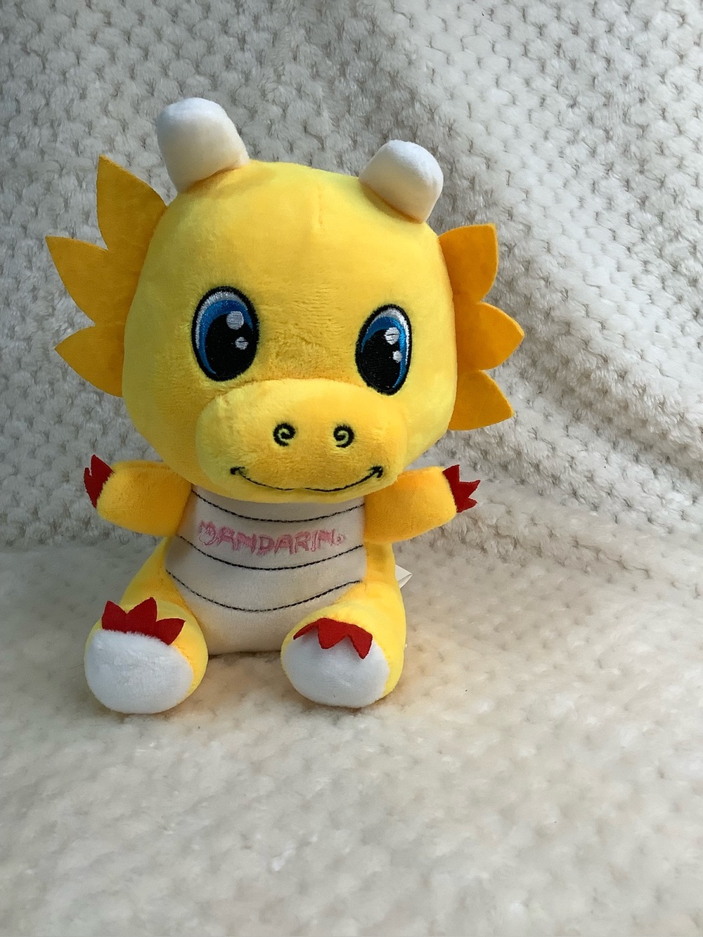 Yellow Dragon Plush Toy Blue Eyes and Red Claws - Brand: Mandarin